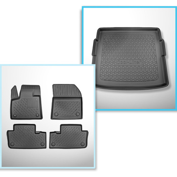 Kit tapis de coffre et tapis de voiture TPE pour: DS 7 Crossback SUV (01.2019-2022) - aussi avec boîte hybride E-Tense;pas pour les modèles avec tunnel dans la deuxième rangée;coffre inférieur;sous / sans plancher amovible de coffre