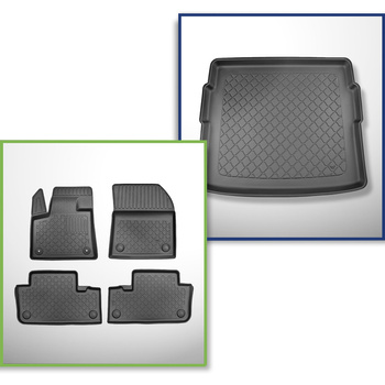Kit tapis de coffre et tapis de voiture TPE pour: DS 7 Crossback SUV (01.2019-2022) - aussi avec boîte hybride E-Tense;pas pour les modèles avec tunnel dans la deuxième rangée;coffre inférieur;sous / sans plancher amovible de coffre
