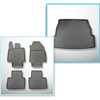 Kit tapis de coffre et tapis de voiture TPE pour: Toyota RAV4 V SUV (01.2019-....) - 5 places; coffre supérieur; avec /sans caisson de graves (subwoofer); aussi pour hybrides; avec boîte automatique