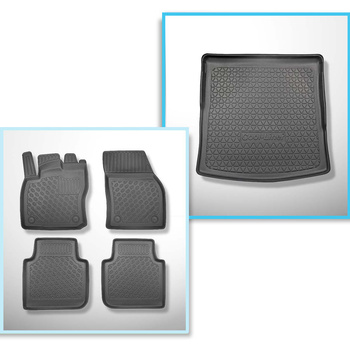 Kit tapis de coffre et tapis de voiture TPE PREMIUM pour: Skoda Kodiaq SUV (03.2017-10.2023) - 5 places; coffre inférieur sans plancher amovible / coffre supérieur avec plancher amovible au plus haut niveau; sans 3ème rangée