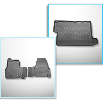 Kit tapis de coffre et tapis de voiture TPE pour: Ford Transit Custom L2 Van (01.2013- 06.2023) - Boîte de vitesse manuelle;solo anteriori;version courte et longue;Cargo 2/3 sièges version véhicule utilitaire;pour la 3ème rangée de sièges