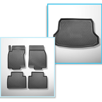 Kit tapis de coffre et tapis de voiture TPE PREMIUM pour: Nissan X-Trail III T32 SUV (08.2014-08.2017) - 5 places; coffre supérieur (sur plancher amovible); sans 3ème rangée