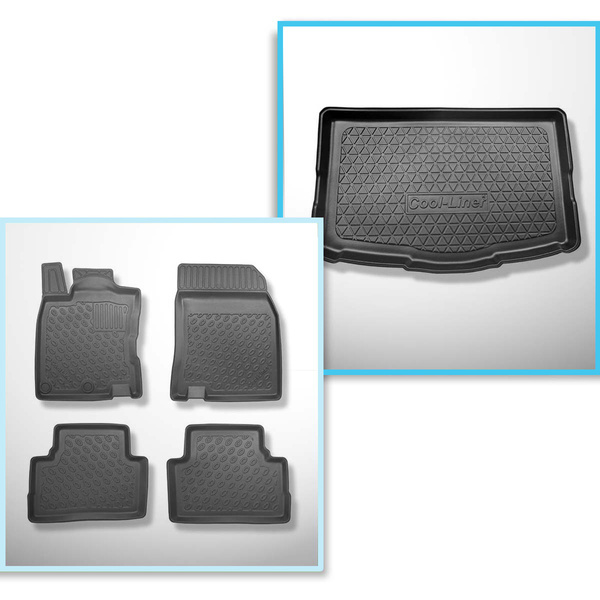 Kit tapis de coffre et tapis de voiture TPE PREMIUM pour: Nissan Qashqai II Crossover (02.2014-05.2021) - coffre inférieur; avec kit de réparation (Acenta & Tekna) & tous les modèles (Visia); avec roue de secours taille normale; sans plancher double du co