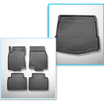 Kit tapis de coffre et tapis de voiture TPE PREMIUM pour: Nissan X-Trail III T32 SUV (08.2014-....) - 5 places; coffre inférieur (sous le plancher amovible); sans 3ème rangée