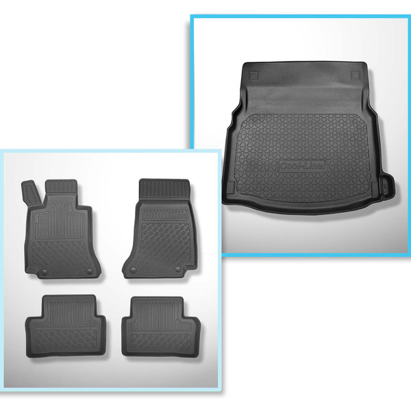 Kit tapis de coffre et tapis de voiture TPE PREMIUM pour: Mercedes-Benz Classe E W213 Berline (04.2016-07.2023) - sièges arrière à plat; non pour version Plug-in hybride; sans caisson de graves (soundsytem Burmester)