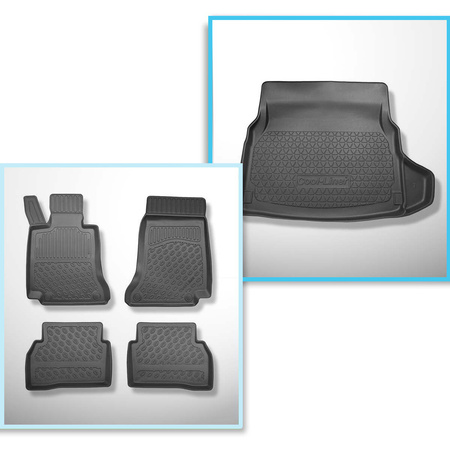 Kit tapis de coffre et tapis de voiture TPE PREMIUM pour: Mercedes-Benz Classe C W205 Berline (03.2014-11.2020) - sièges arrière rabattables (divisés); cavité droite amovible dans les modèles avec filet latéral