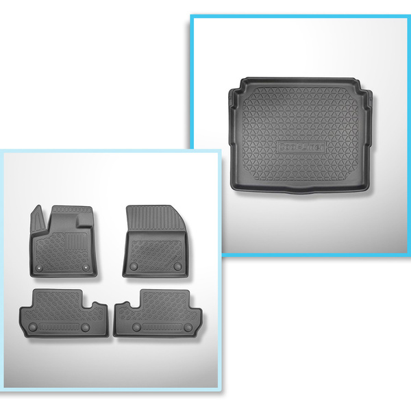 Kit tapis de coffre et tapis de voiture TPE pour: Peugeot 3008 II SUV (11.2016-11.2023) - coffre inférieur avec une préparation sous le plancher amovible;sous / sans plancher de coffre amovible (Flex Floor);pas pour les versions hybride;con Hi-Fi-System F