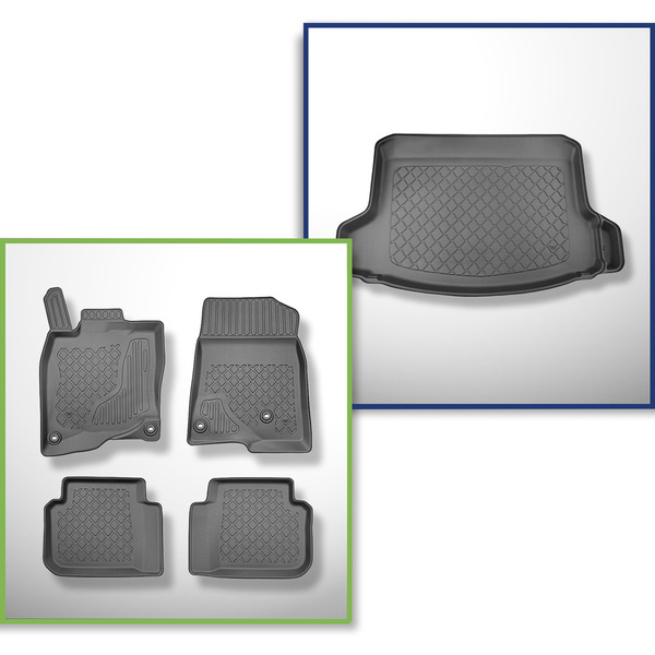 Kit tapis de coffre et tapis de voiture TPE pour: Honda Civic XI Hybrid e:HEV Hayon (10.2022-....) - avec / sans subwoofer;possibilité de couper l'oreille droite