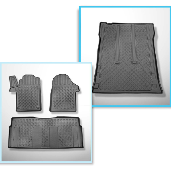 Kit tapis de coffre et tapis de voiture TPE pour: Mercedes-Benz Vito W447 Tourer (10.2014-....) - derriere 2e rangée de sieges;version longue (empattement 3.200 mm;longueur de l’auto 5.140 mm);sans 3ème rangée