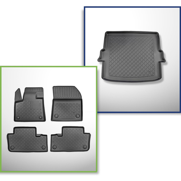 Kit tapis de coffre et tapis de voiture TPE pour: DS 7 Crossback SUV (01.2019-2022) - aussi avec boîte hybride E-Tense;pas pour les modèles avec tunnel dans la deuxième rangée;coffre supérieur;plancher amovible au plus haut niveau