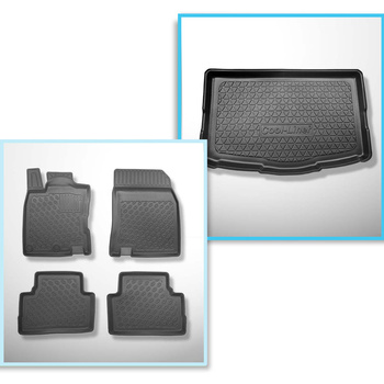 Kit tapis de coffre et tapis de voiture TPE PREMIUM pour: Nissan Qashqai II Crossover (02.2014-05.2021) - coffre inférieur; avec kit de réparation (Acenta & Tekna) & tous les modèles (Visia); avec roue de secours taille normale; sans plancher double du co