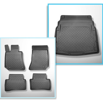 Kit tapis de coffre et tapis de voiture TPE pour: Mercedes-Benz Classe E W212 Berline (03.2009-03.2016) - sans cavités; la surface du coffre se lève près de sièges arrière