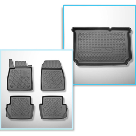 Kit tapis de coffre et tapis de voiture TPE PREMIUM pour: Ford Fiesta VII Hayon (07.2017-....) - coffre inférieur; modèles sans plancher amovible du coffre; aussi pour la version hybride