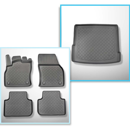 Kit tapis de coffre et tapis de voiture TPE pour: Audi Q3 F3 SUV (08.2018-....) - coffre supérieur (seuil de chargement plat); plancher amovible au plus haut niveau; aussi pour les version Quattro; aussi avec boîte hybride TFSI e Plug-in Hybrid