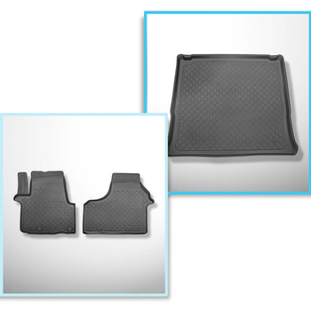 Kit tapis de coffre et tapis de voiture TPE pour: Renault Trafic III Van (09.2014-....) - version pour le transport de passagers (break / tour); derriere 3e rangée de sieges; version longue (Long); sièges non coulissants, montés sur crochets